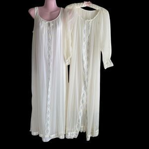 Vintage Miss Elaine Nightgown Robe Set Womens Medium White Sheer Lace Floral 70s
